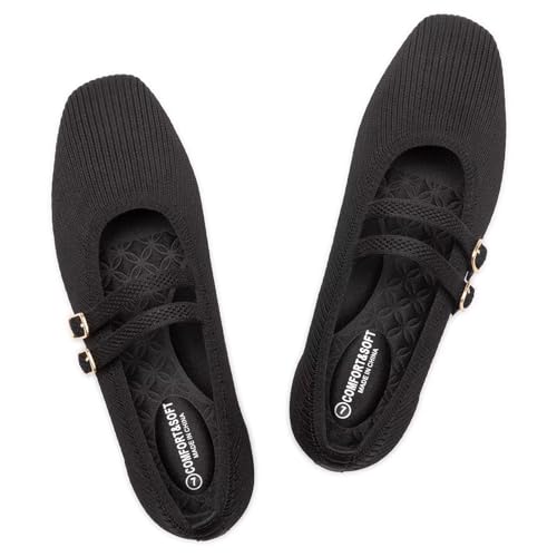 Frank Mully Damen Flats Square Toe Mary Jane Ballerinas mit Riemchen Bequeme Schlupfschuhe Strickschuhe Elegant Casual, Schwarz, 38.5 EU von Frank Mully