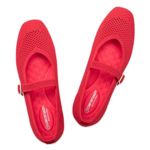 Frank Mully Damen-Freizeitschuhe mit Flacher Sohle quadratische Zehenpartie gestricktes Netzgewebe Flache Komfortschuhe für die Arbeit, Rot, 42.5 EU von Frank Mully