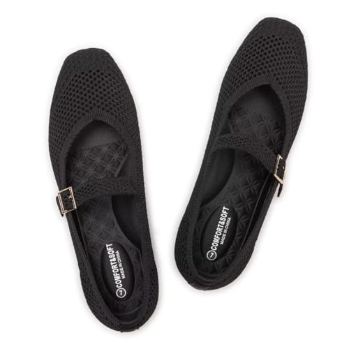 Frank Mully Damen-Freizeitschuhe mit Flacher Sohle quadratische Zehenpartie gestricktes Netzgewebe Flache Komfortschuhe für die Arbeit, Schwarz, 39.5 EU von Frank Mully