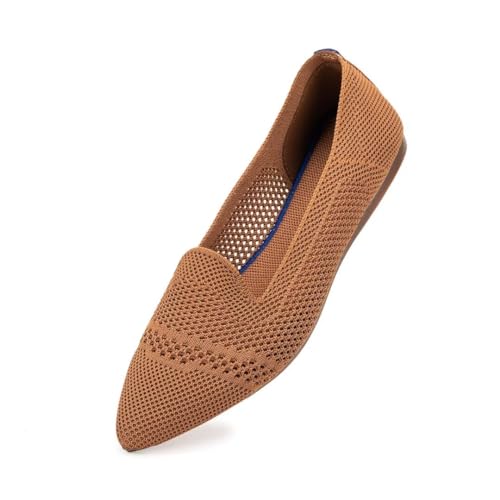 Frank Mully Damen Schuhe mit spitzem Zehenbereich, flache Strickschuhe, bequeme Damenschuhe, Schlupfschuhe, Ballettschuhe für Damen, klassisch, weich, niedriger Keilabsatz, 6013 Tan, 37.5 EU von Frank Mully