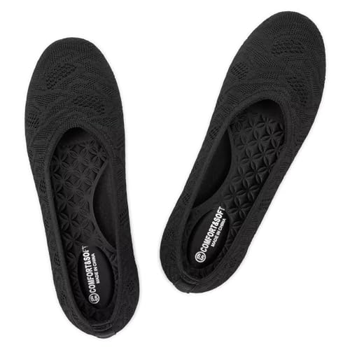 Frank Mully Flache Ballerinas für Damen, gestrickt, runde Zehenpartie, Slipper, Ballerinas für Damen, niedriger Keilabsatz, bequem, weich, 6112 schwarz, 38 EU von Frank Mully