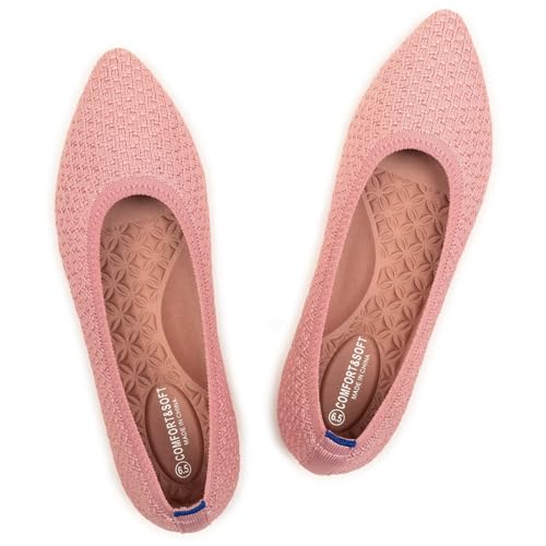 Frank Mully Flache Ballerinas für Damen, gestrickt, runde Zehenpartie, Slipper, Ballerinas für Damen, niedriger Keilabsatz, bequem, weich, Pink, 37 EU von Frank Mully