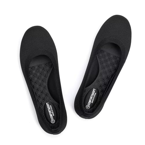Frank Mully Flache Damen-Ballettschuhe mit runder Zehenpartie, zum Hineinschlüpfen, Bequeme Schuhe, gestrickte Kleidschuhe, lässige, Bequeme Damenschuhe, Schwarz, 39 EU von Frank Mully