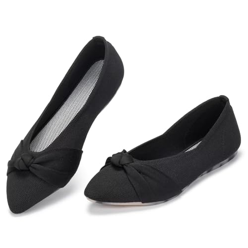 Frank Mully Flache Damen-Schuhe, klassisch, spitzer Zehenbereich, gestrickt, elegante Schuhe, weich, flach, bequem, elegant, Schwarz/Schleife, 40 EU von Frank Mully