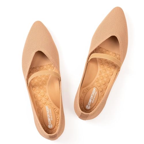 Frank Mully Flache Damen-Schuhe mit Riemen, spitzer Zehenbereich, niedriger Keilabsatz, bequeme Fußgewölbeunterstützung, flache Schuhe für Damen, Hellkhaki, 41 EU von Frank Mully