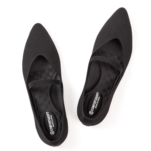 Frank Mully Flache Damen-Schuhe mit Riemen, spitzer Zehenbereich, niedriger Keilabsatz, bequeme Fußgewölbeunterstützung, flache Schuhe für Damen, Schwarz, 38.5 EU von Frank Mully