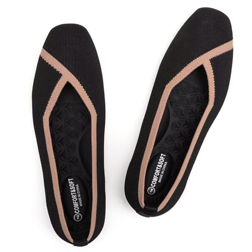 Frank Mully Flache Damen-Schuhe mit quadratischer Zehenpartie, bequem, gestrickt, flache Schuhe für Damen, 6081 schwarz, 38 EU von Frank Mully