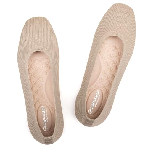Frank Mully Flache Damen-Schuhe mit quadratischer Zehenpartie, bequem, gestrickt, flache Schuhe für Damen, Hautfarben, 38 EU von Frank Mully