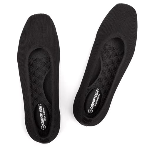 Frank Mully Flache Damen-Schuhe mit quadratischer Zehenpartie, bequem, gestrickt, flache Schuhe für Damen, Schwarz, 38.5 EU von Frank Mully