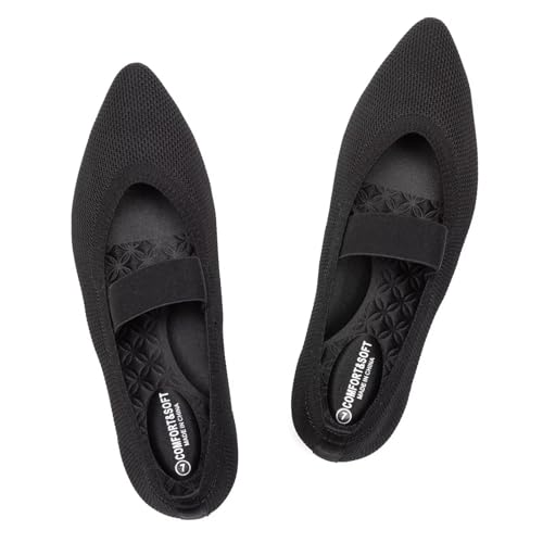 Frank Mully Flache Damen-Strickschuhe mit spitzem Zehenbereich und elastischen Riemen, Ballerina, flache Schuhe für Damen, elegant, 6089black, 36 EU von Frank Mully