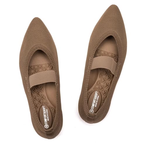 Frank Mully Flache Damen-Strickschuhe mit spitzem Zehenbereich und elastischen Riemen, Ballerina, flache Schuhe für Damen, elegant, 6089brown, 39.5 EU von Frank Mully