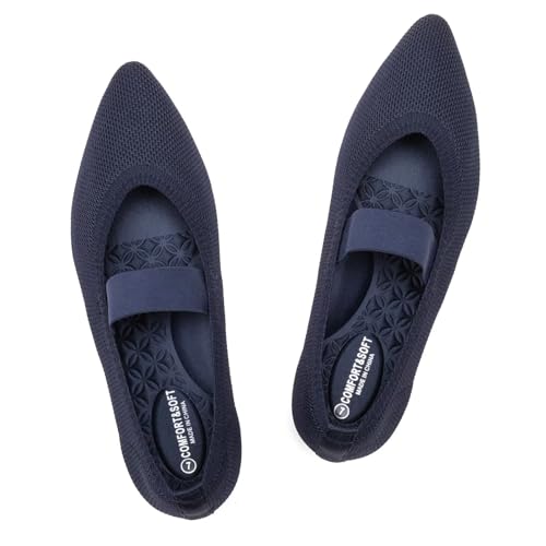 Frank Mully Flache Damen-Strickschuhe mit spitzem Zehenbereich und elastischen Riemen, Ballerina, flache Schuhe für Damen, elegant, 6089navy, 40 EU von Frank Mully