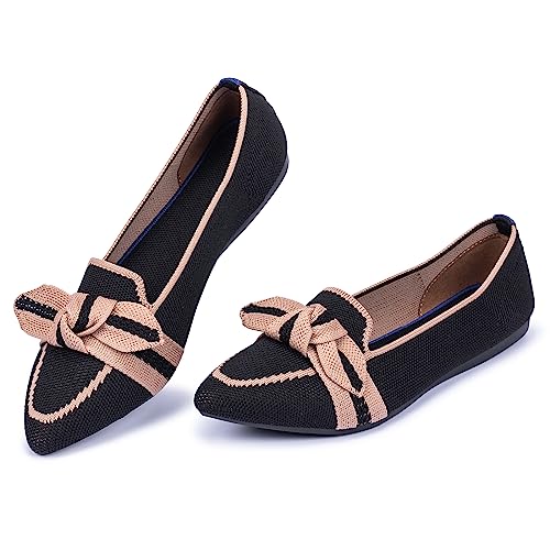 Frank Mully Loafer Flats für Damen Lässiger Strickstoff Schuhe Waschbar Schnürschuhe mit spitzer Zehenpartie Bequeme Schuhe im Ballettstil für, Schwarz, 39.5 EU von Frank Mully