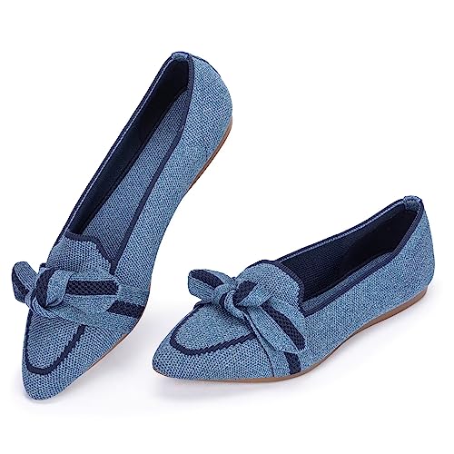 Frank Mully Loafer Flats für Damen Lässiger Strickstoff Leichte Elegante Schuhe Waschbar Elegante Schnürschuhe mit spitzer Zehenpartie Bequeme Schuhe im Ballettstil für, Blau, 38 EU von Frank Mully