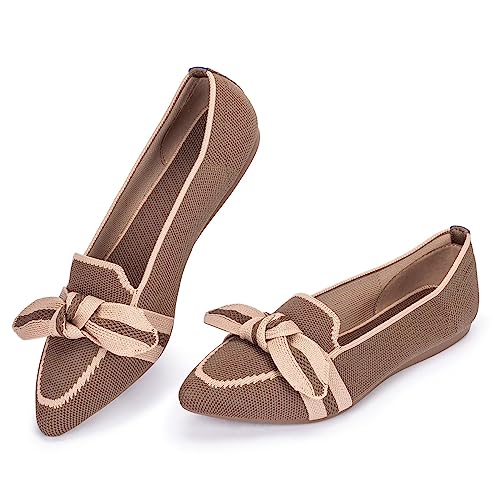 Frank Mully Loafer Flats für Damen Lässiger Strickstoff Leichte Elegante Schuhe Waschbar Elegante Schnürschuhe mit spitzer Zehenpartie Bequeme Schuhe im Ballettstil für, Braun, 37 EU von Frank Mully