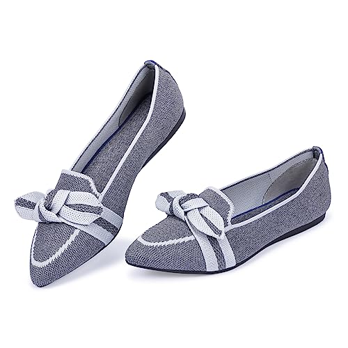 Frank Mully Loafer Flats für Damen Lässiger Strickstoff Leichte Elegante Schuhe Waschbar Elegante Schnürschuhe mit spitzer Zehenpartie Bequeme Schuhe im Ballettstil für, Grau, 37.5 EU von Frank Mully