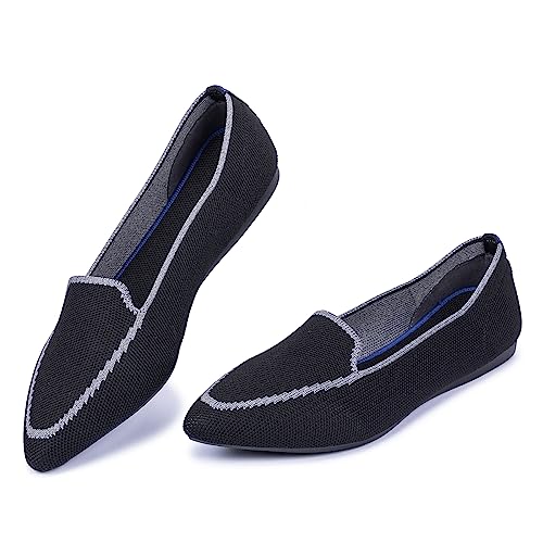 Frank Mully Loafer Flats für Damen Lässiger Strickstoff Leichte Elegante Schuhe Waschbar Elegante Schnürschuhe mit spitzer Zehenpartie Bequeme Schuhe im Ballettstil für, Schwarz, 37 EU von Frank Mully