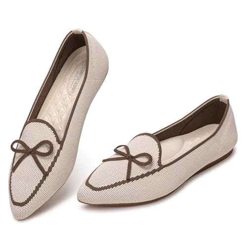 Frank Mully Loafer Flats für Damen Lässiger Strickstoff Schuhe Waschbar Schnürschuhe mit spitzer Zehenpartie Bequeme Schuhe im Ballettstil für, Beige, 36.5 EU von Frank Mully