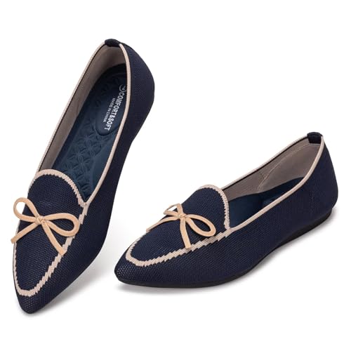 Frank Mully Loafer Flats für Damen Lässiger Strickstoff Schuhe Waschbar Schnürschuhe mit spitzer Zehenpartie Bequeme Schuhe im Ballettstil für, Dunkelblau, 39.5 EU von Frank Mully