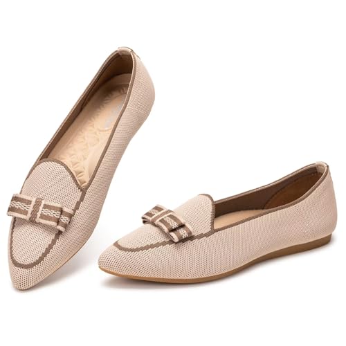 Frank Mully Loafer Flats für Damen Lässiger Strickstoff Schuhe Waschbar Schnürschuhe mit spitzer Zehenpartie Bequeme Schuhe im Ballettstil für, Dunkles Kamel, 36.5 EU von Frank Mully