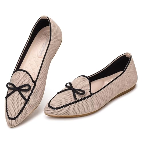 Frank Mully Loafer Flats für Damen Lässiger Strickstoff Schuhe Waschbar Schnürschuhe mit spitzer Zehenpartie Bequeme Schuhe im Ballettstil für, Khaki, 42.5 EU von Frank Mully