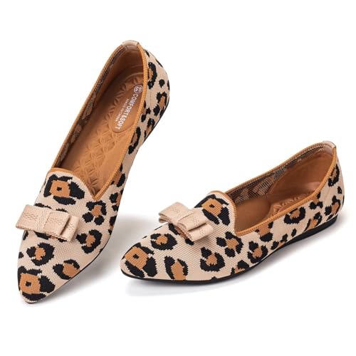 Frank Mully Loafer Flats für Damen Lässiger Strickstoff Schuhe Waschbar Schnürschuhe mit spitzer Zehenpartie Bequeme Schuhe im Ballettstil für, Leopardengelb, 43 EU von Frank Mully