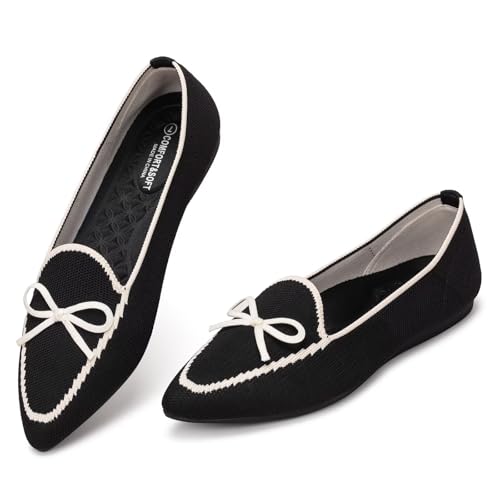Frank Mully Loafer Flats für Damen Lässiger Strickstoff Schuhe Waschbar Schnürschuhe mit spitzer Zehenpartie Bequeme Schuhe im Ballettstil für, Schwarz, 42.5 EU von Frank Mully