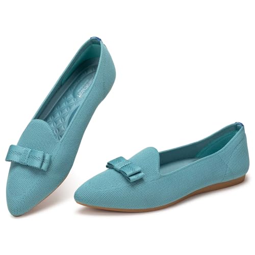 Frank Mully Loafer Flats für Damen Lässiger Strickstoff Schuhe Waschbar Schnürschuhe mit spitzer Zehenpartie Bequeme Schuhe im Ballettstil für, Seeblau, 39 EU von Frank Mully