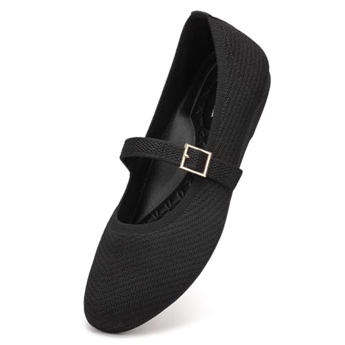 Frank Mully Mary Jane Ballerinas für Damen, bequeme elegante Ballerinas, lässig, runde Zehenpartie, zum Reinschlüpfen, waschbar, Strickstoff, Büro, Arbeit, Frauenschuhe, 6088 Schwarz, 38.5 EU von Frank Mully