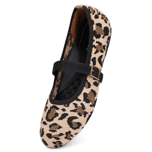 Frank Mully Mary Jane Ballerinas für Damen, bequeme elegante Ballerinas, lässig, runde Zehenpartie, zum Reinschlüpfen, waschbar, Strickstoff, Büro, Arbeit, Frauenschuhe, 6088Leopard, 41 EU von Frank Mully