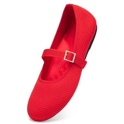 Frank Mully Mary Jane Ballerinas für Damen, bequeme elegante Ballerinas, lässig, runde Zehenpartie, zum Reinschlüpfen, waschbar, Strickstoff, Büro, Arbeit, Frauenschuhe, 6088red, 42 EU von Frank Mully
