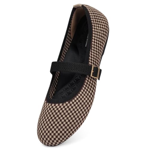 Frank Mully Mary Jane Ballerinas für Damen, bequeme elegante Ballerinas, lässig, runde Zehenpartie, zum Reinschlüpfen, waschbar, Strickstoff, Büro, Arbeit, Frauenschuhe, Schwarz-braunes Karomuster, 37 von Frank Mully