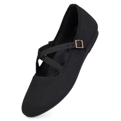 Frank Mully Mary Jane Damen Flats Knit Ballett Criss Cross Knöchelriemen Flache Schuhe, Schwarz/einfarbig, 37 EU von Frank Mully