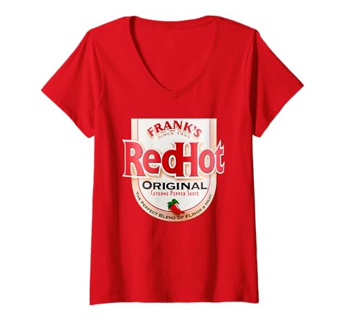 Damen Frank's RedHot Label Casual Costume Hot Sauce Bottle T-Shirt mit V-Ausschnitt Damen Frank's RedHot Label Casual Costume Hot Sauce Bottle T-Shirt mit V-Ausschnitt von Frank's RedHot