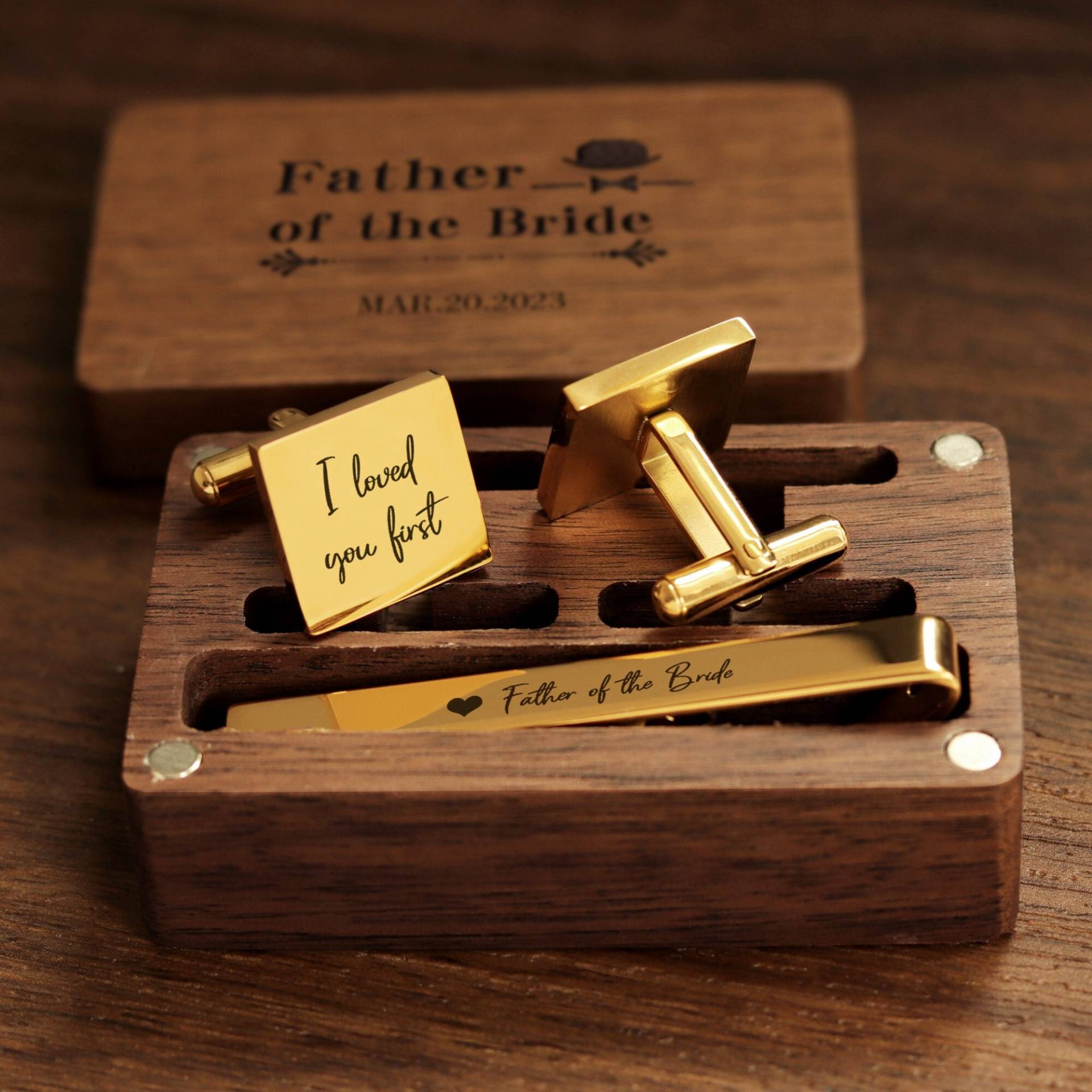 Gold Metall Manschettenknöpfe, Krawattenklammern Und Rechteckige Geschenkboxen - Hochzeit Vater Des Bräutigams, Mann, Trauzeuge Geschenke von FrankHappiness