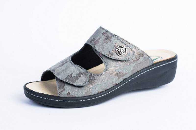 Franken-Schuhe Modell 200-G14 Farbe: smoke Damen Pantolette (mit loser Einlage und STRETCH für Hallux Valgus) lose Einlage, Klettverschluß, Wechselfußbett von Franken-Schuhe