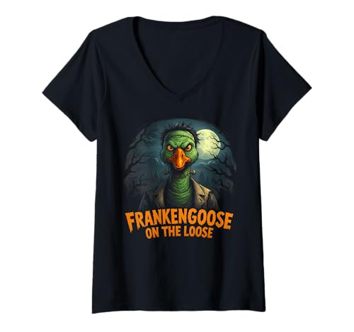 Damen Frankengoose On The Loose Halloween Gans Frankenstein T-Shirt mit V-Ausschnitt Damen Frankengoose On The Loose Halloween Gans Frankenstein T-Shirt mit V-Ausschnitt von Frankengoose Halloween Goose Monster Scary