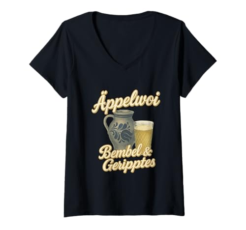 Damen Äppelwoi Bembel & Geripptes – Hessen Motiv mit Apfelwein T-Shirt mit V-Ausschnitt von Frankfurt Geschenkidee