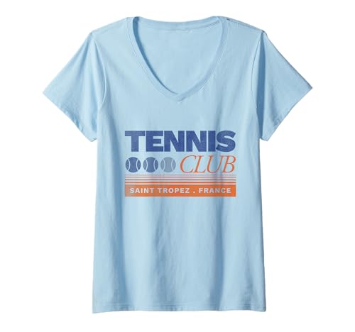 Damen Saint Tropez Frankreich Retro Vintage Tennis Club T-Shirt mit V-Ausschnitt Damen Saint Tropez Frankreich Retro Vintage Tennis Club T-Shirt mit V-Ausschnitt von Frankreich Urlaubsziel Côte d'Azur Sports
