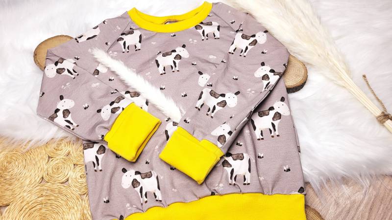 Raglan Pullover, Kuh, Grau, Gelb, Gr. 74-98, Jersey, Frühling von FranziisNaehkiste