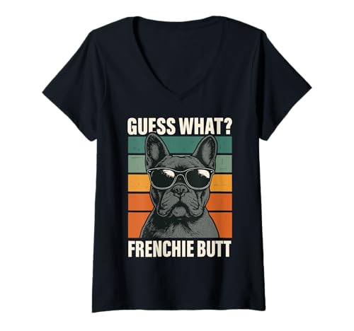 Damen Guess What Frenchie Butt T-Shirt mit V-Ausschnitt Damen Guess What Frenchie Butt T-Shirt mit V-Ausschnitt von Französische Bulldogge Frenchie Niedlich Lustig