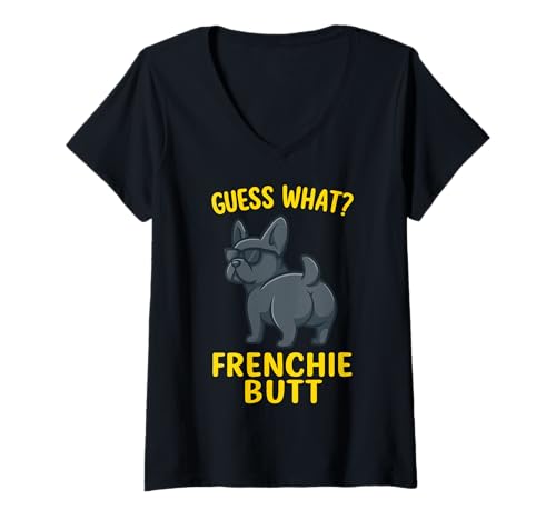 Damen Guess What Frenchie Butt T-Shirt mit V-Ausschnitt Damen Guess What Frenchie Butt T-Shirt mit V-Ausschnitt von Französische Bulldogge Frenchie Niedlich Lustig