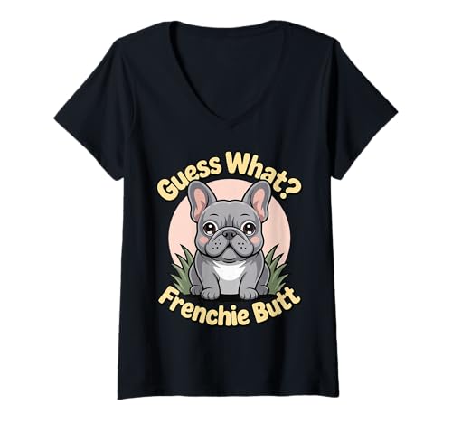 Damen Guess What Frenchie Butt T-Shirt mit V-Ausschnitt Damen Guess What Frenchie Butt T-Shirt mit V-Ausschnitt von Französische Bulldogge Frenchie Niedlich Lustig
