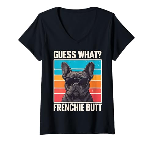 Damen Guess What Frenchie Butt T-Shirt mit V-Ausschnitt Damen Guess What Frenchie Butt T-Shirt mit V-Ausschnitt von Französische Bulldogge Frenchie Niedlich Lustig
