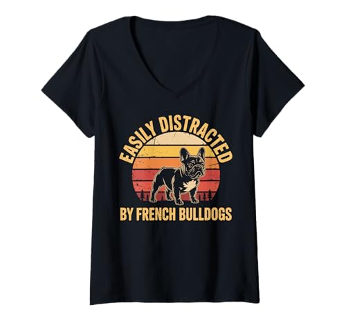 Damen Easily Distracted by French Bulldogs T-Shirt mit V-Ausschnitt Damen Easily Distracted by French Bulldogs T-Shirt mit V-Ausschnitt von Französische Bulldogge Frenchie hund Frenchie mama