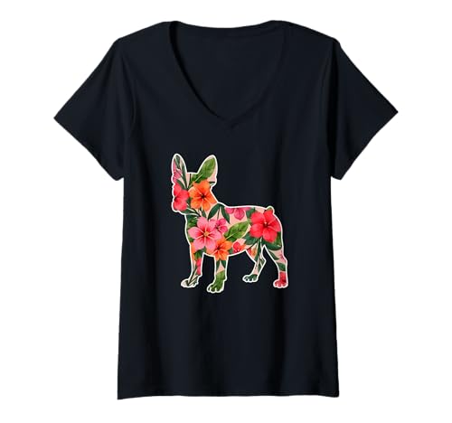 Damen Französische Bulldogge French Bulldog Frenchie Hunde Blumen T-Shirt mit V-Ausschnitt von Französische BulldoggeDog Hund Kleidung