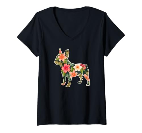 Damen Französische Bulldogge French Bulldog Frenchie Hunde Blumen T-Shirt mit V-Ausschnitt von Französische BulldoggeDog Hund Kleidung