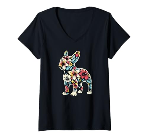Damen Französische Bulldogge French Bulldog Frenchie Hunde Blumen T-Shirt mit V-Ausschnitt von Französische BulldoggeDog Hund Kleidung