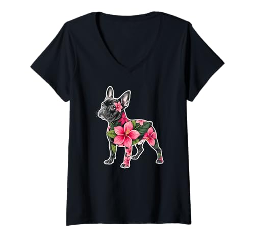 Damen Französische Bulldogge French Bulldog Frenchie Hunde Blumen T-Shirt mit V-Ausschnitt von Französische BulldoggeDog Hund Kleidung