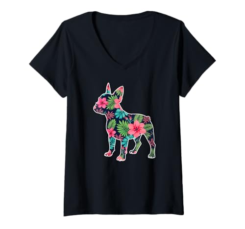 Damen Französische Bulldogge French Bulldog Frenchie Hunde Blumen T-Shirt mit V-Ausschnitt von Französische BulldoggeDog Hund Kleidung